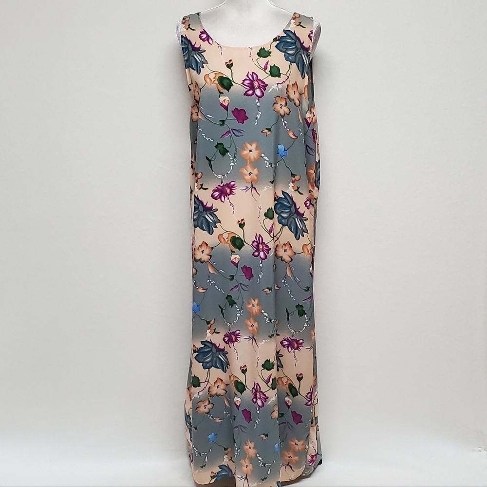 Vintage 80s Limited Apparel Blue Tropical Floral Sleeveless Maxi Shift Dress L - Picture 4 of 16